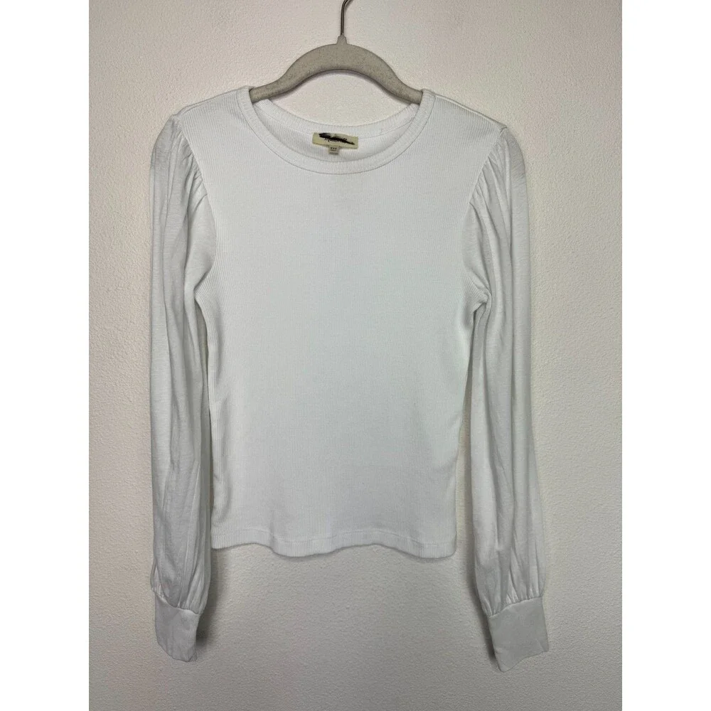 Madewell XXS Ribbed Puff Sleeve Top White 100% Cotton Slim Fit Round Neck NWT